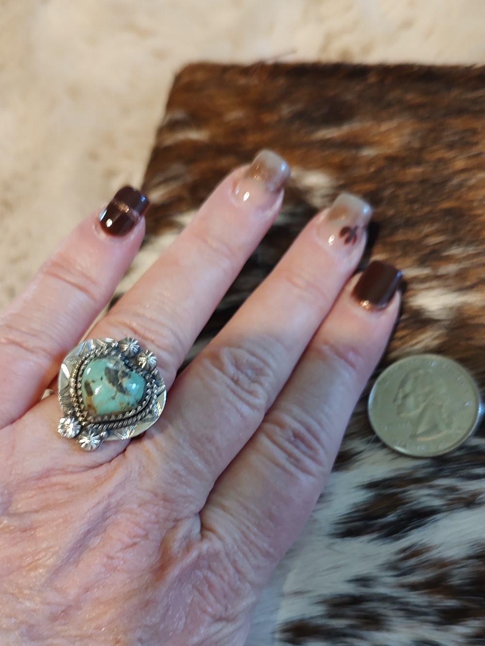 Adjustable Turquoise Heart Statement Ring - Silver Floral Design